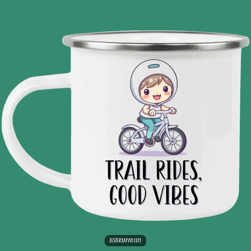 Funny Bicycle Riding Camping Mug: Smiling Character's Playful Adventure Companion