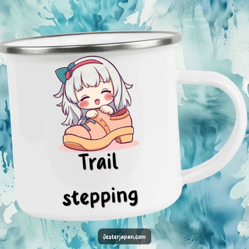 Funny camping mug featuring a character with rosy cheeks trying on a giant geta shoe, great for outdoor fun.