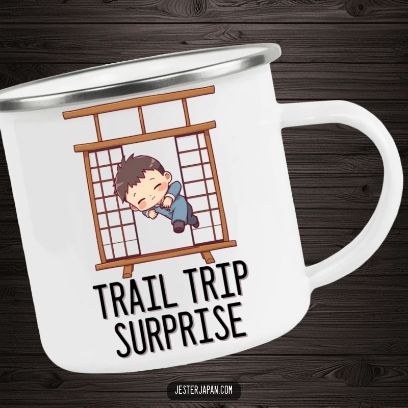Funny camping mug showing a chibi character humorously tripping over a Shoji screen, perfect for outdoor laughs and embracing mishaps.