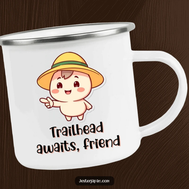 Funny camping mug with a cheerful character in a sun hat pointing forward, perfect for outdoor enthusiasts.