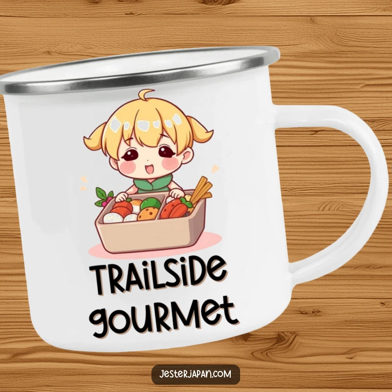 Funny camping mug with a character happily packing a colorful bento box. Perfect for enjoying meals outdoors with a humorous touch.
