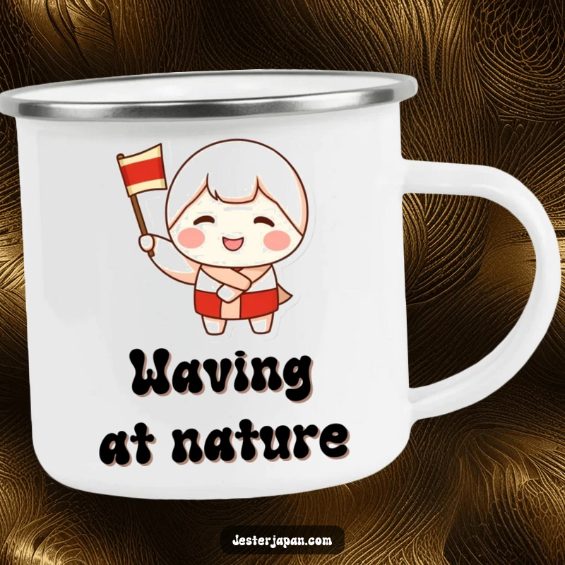 Funny camping mug featuring a smiling Kokeshi doll character waving a flag, perfect for outdoor drinks and spreading cheerful vibes on the go.
