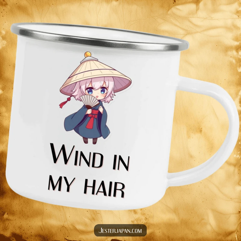 Funny camping mug featuring a character in a traditional hat, dramatically posing with a fan, great for outdoor elegance.