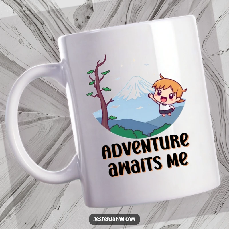 Funny mug showing a character excitedly pointing towards a stylized, distant Mount Fuji, celebrating travel dreams.