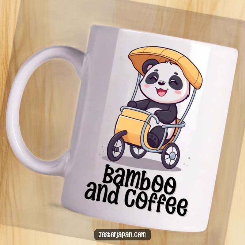Funny Panda character mug featuring a smiling panda joyfully riding a miniature rickshaw, exuding happiness and carefree adventure.