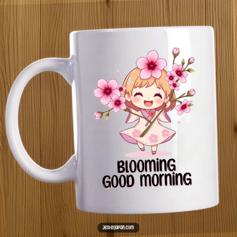 Funny Character Mug: A joyful character happily spinning with a vibrant bouquet of cherry blossoms, radiating spring delight.