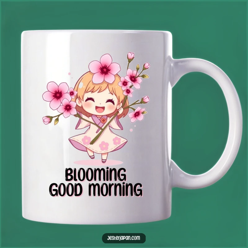 Funny Joyful Cherry Blossom Mug: Spinning Character Spring Gift