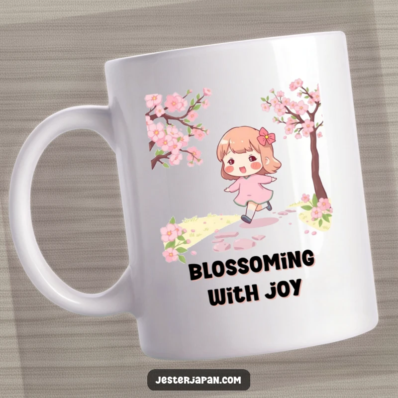 Funny mug featuring a character with rosy cheeks, happily skipping along a cherry blossom path, exuding joy and spring.
