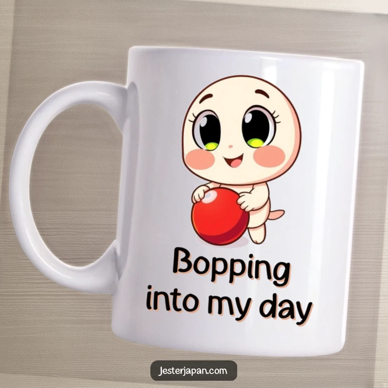 Funny Mug: Smiling character with huge eyes, happily bouncing a bright red ball, full of energy.