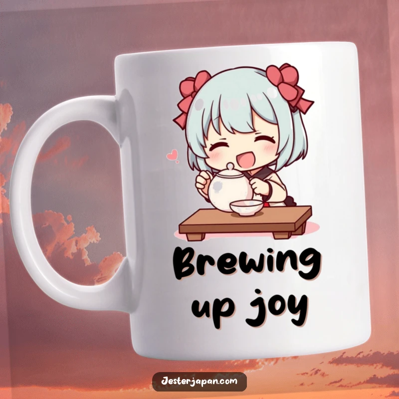 Funny mug showing a character happily conducting a miniature tea ceremony with a tiny teapot, radiating peaceful, humorous joy.