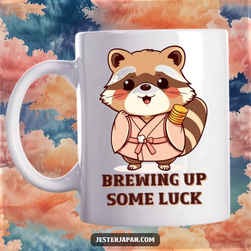 Funny Tanuki Kimono Mug featuring a playful raccoon dog in a traditional kimono, joyfully carrying a stack of Japanese coins.