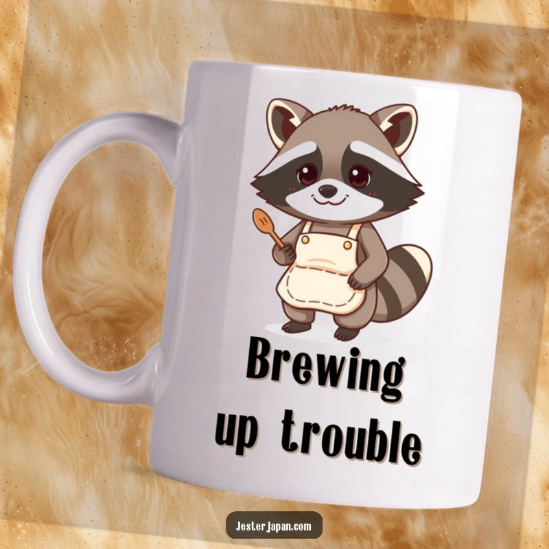 Funny mug featuring a determined raccoon wearing a tiny apron, enthusiastically cooking up a storm.