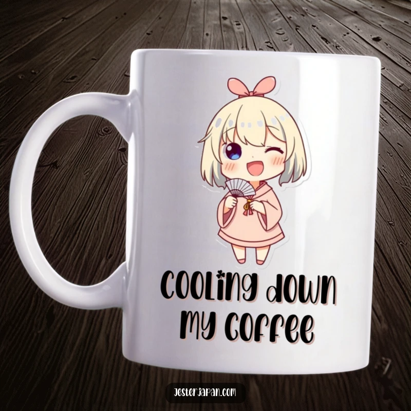 Funny mug depicting a character joyfully and enthusiastically waving a small paper fan, creating a sense of breezy happiness.