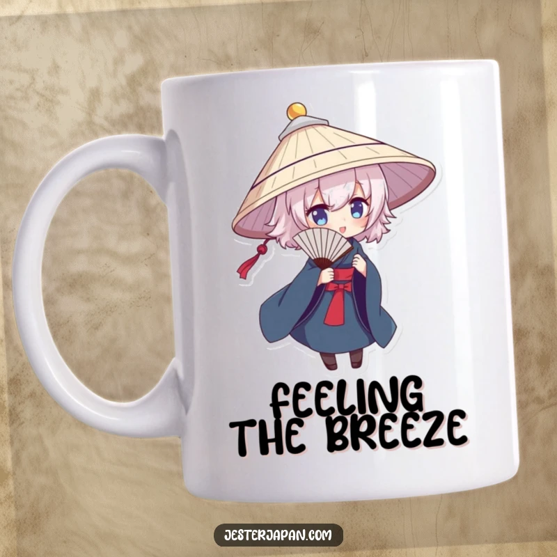 Funny mug featuring a character in a traditional hat posing dramatically with a fan, celebrating performance and humor.