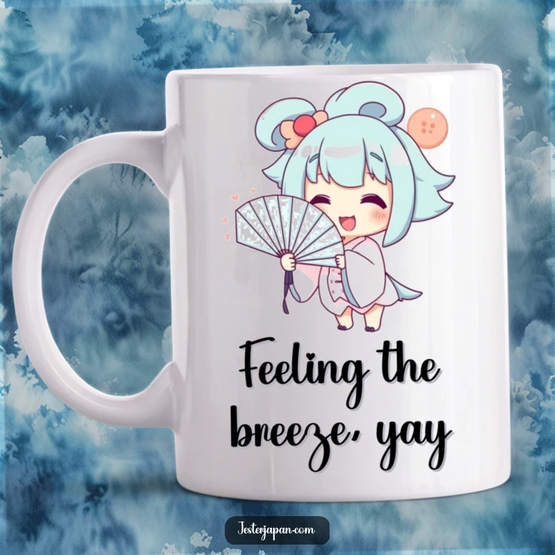 Funny Mug: Smiling character dramatically fanning themselves with a large fan, conveying mock relief from heat.