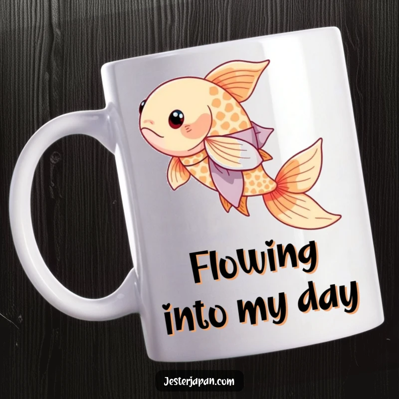 Funny Koi Kimono Mug featuring a serene koi fish gracefully swimming while wearing an elegant, flowing Japanese kimono.