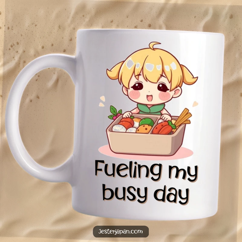 Funny mug showing a cute character busily and happily packing a colorful bento box with various foods. Represents culinary joy.