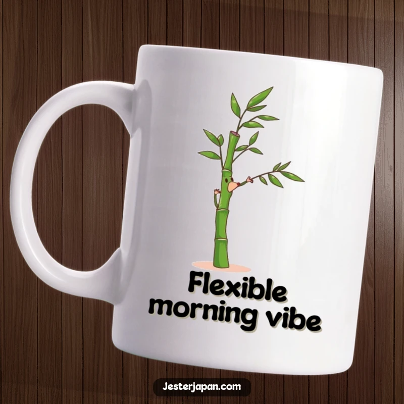 Funny Bamboo Mug: A small bamboo stalk character bends joyfully in a gentle breeze, evoking serenity and peace.
