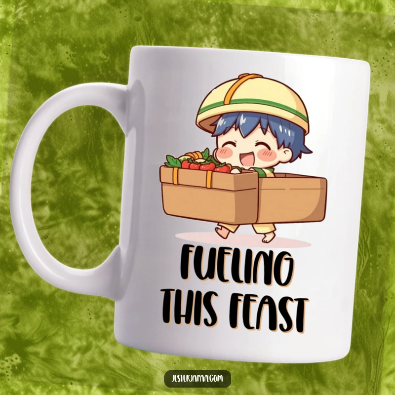 Funny mug showing a character comically struggling to carry a comically giant bento box, highlighting the humorous challenge of delicious abundance.
