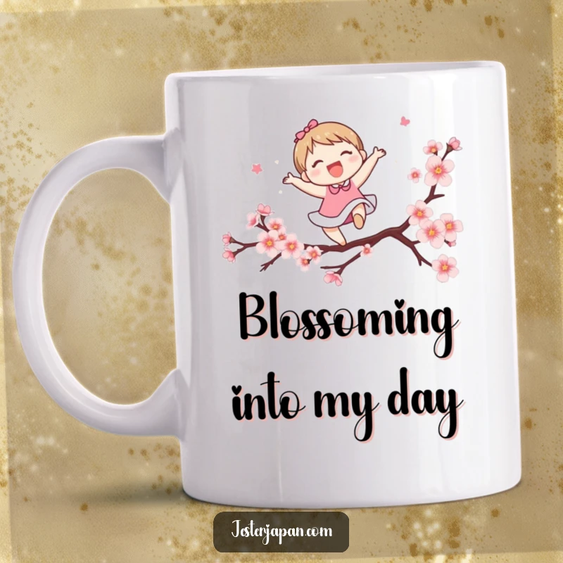 Funny mug showing a cute character joyfully leaping over a stylized cherry blossom branch. Represents happiness and spring's vibrancy.