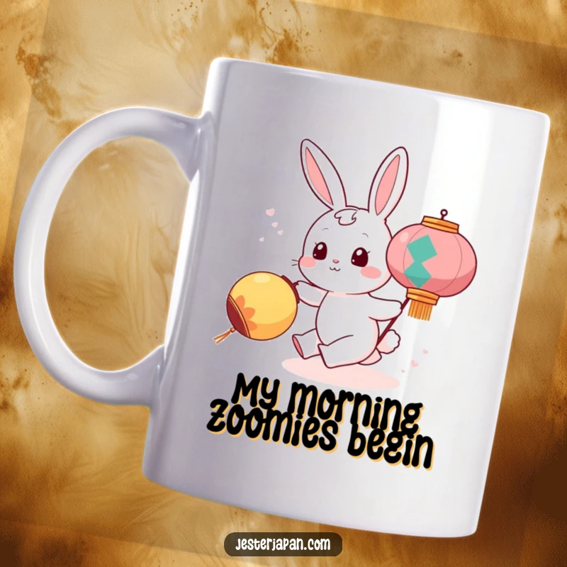 Funny mug with a cute bunny character enthusiastically chasing a glowing festival lantern downhill, embodying playful energy and joy.