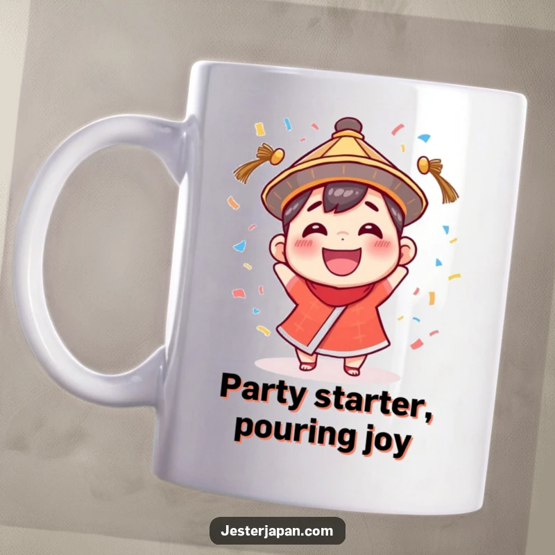 Funny Mug: Tiny character in a traditional hat, grinning widely, enthusiastically throwing colorful confetti, ready to party.