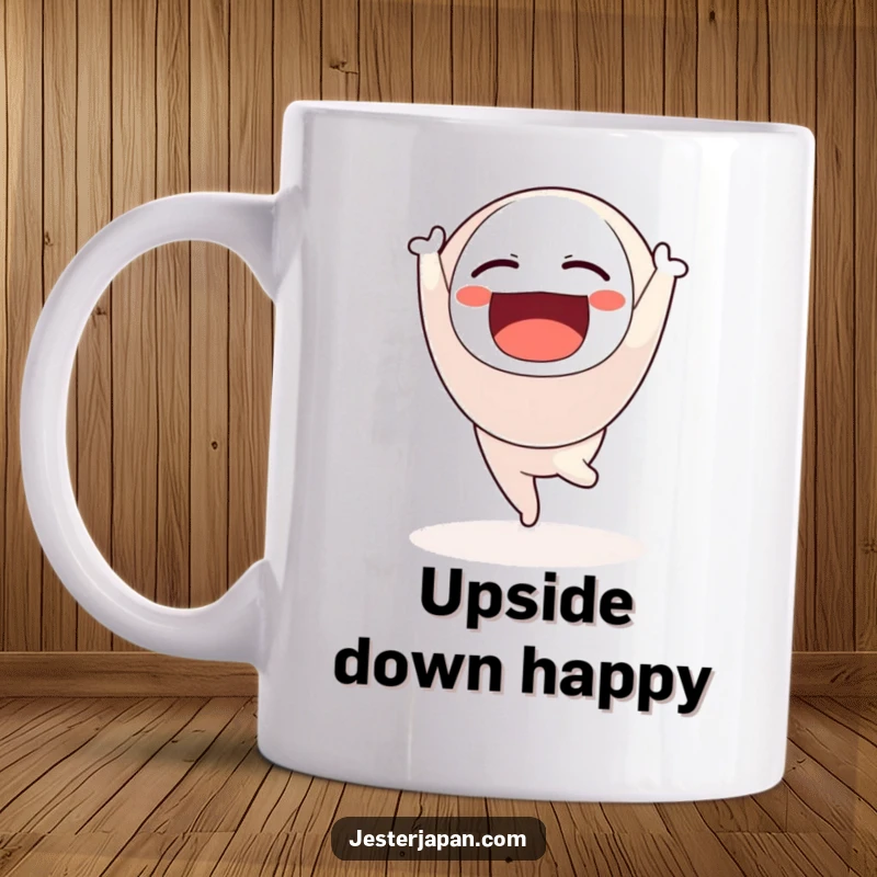 Funny mug featuring a floating Daruma doll character joyfully doing a handstand, symbolizing balance and good luck.