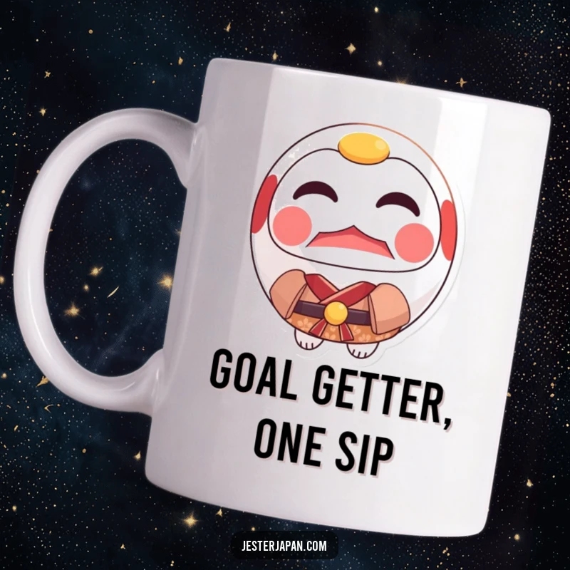 Funny Daruma Kimono Mug featuring a proud, resolute Daruma doll wearing a small traditional Japanese kimono, symbolizing determination.