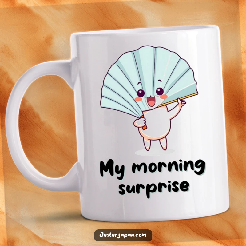 Funny Fan Character Mug: A happy fan unfurls with a flourish, revealing a comical surprised face, bringing laughter.