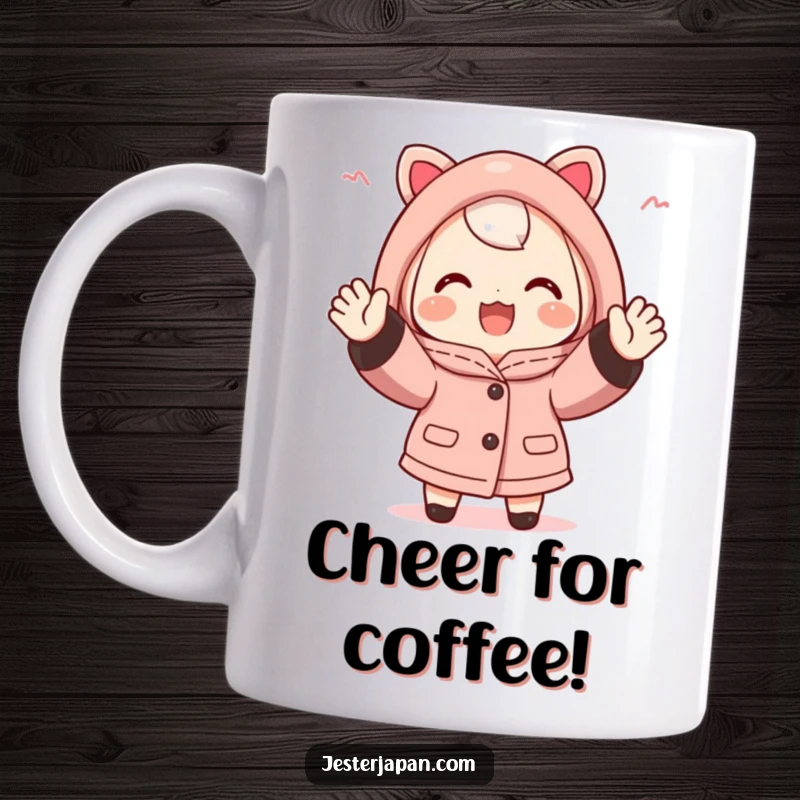 Funny Happi Coat Cheer Mug: Cute character in a traditional happi coat, enthusiastically cheering with both hands raised, radiating excitement and support.