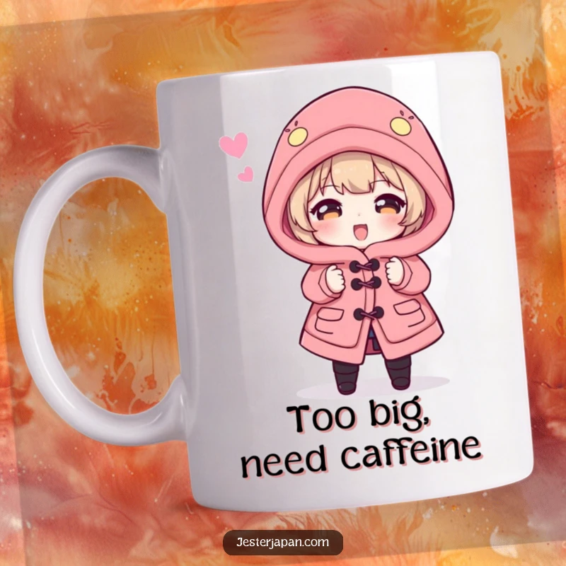 Funny Mug: Character hilariously wrestling with a dramatically oversized Happi coat, symbolizing a comical struggle and a need for adjustments.