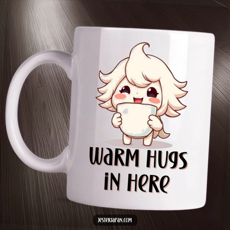 Funny mug showing a character with a wide, happy smile holding a steaming cup, radiating warmth and contentment.