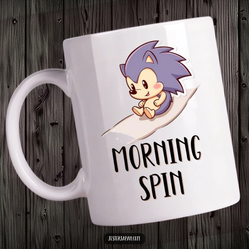 Funny hedgehog character happily rolling downhill on a mug, conveying a sense of carefree joy and simple pleasures.