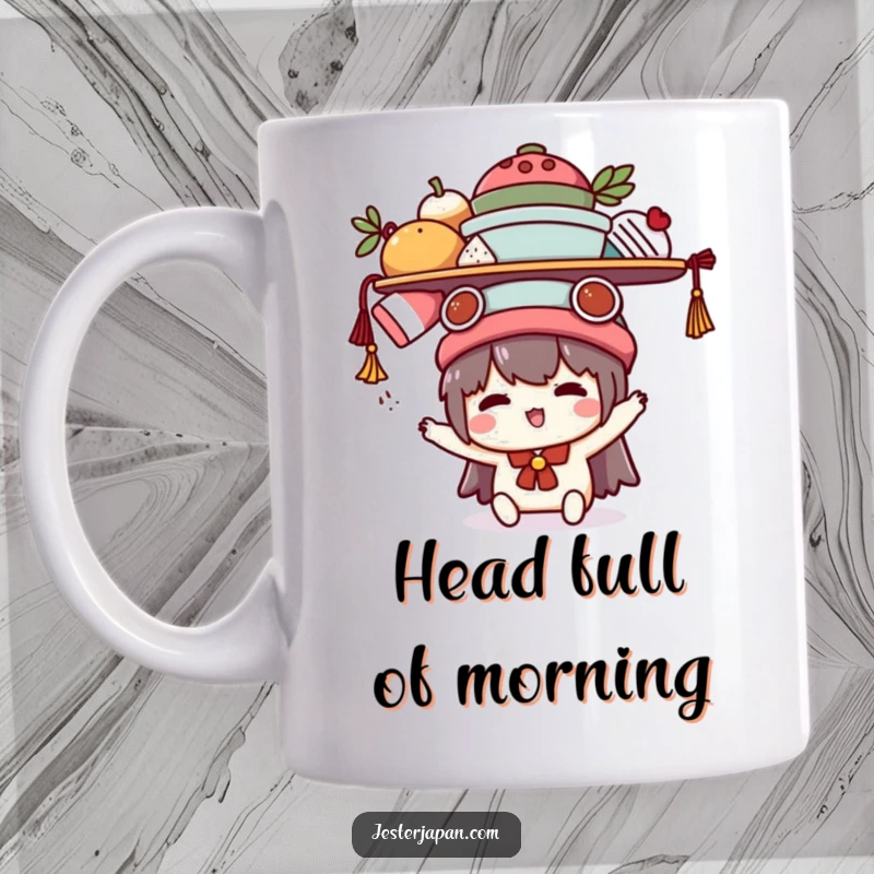 Funny Kawaii character mug depicting a cute character attempting to balance multiple items precariously on its head, showcasing a humorous struggle.