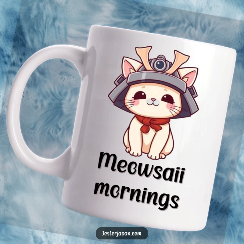 Funny Kawaii cat samurai mug featuring an adorable feline character playfully sporting a tiny samurai helmet, exuding cute warrior vibes.
