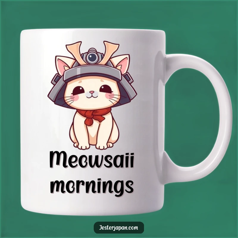 Funny Kawaii Cat Samurai Mug: Cute Helmet Character, Perfect Gift for Cat Lovers