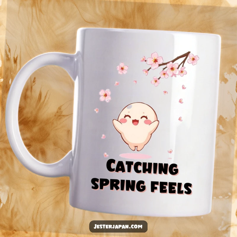 Funny Kawaii character mug, small and round, joyfully catching falling cherry blossoms, celebrating nature’s beauty with a touch of humor.