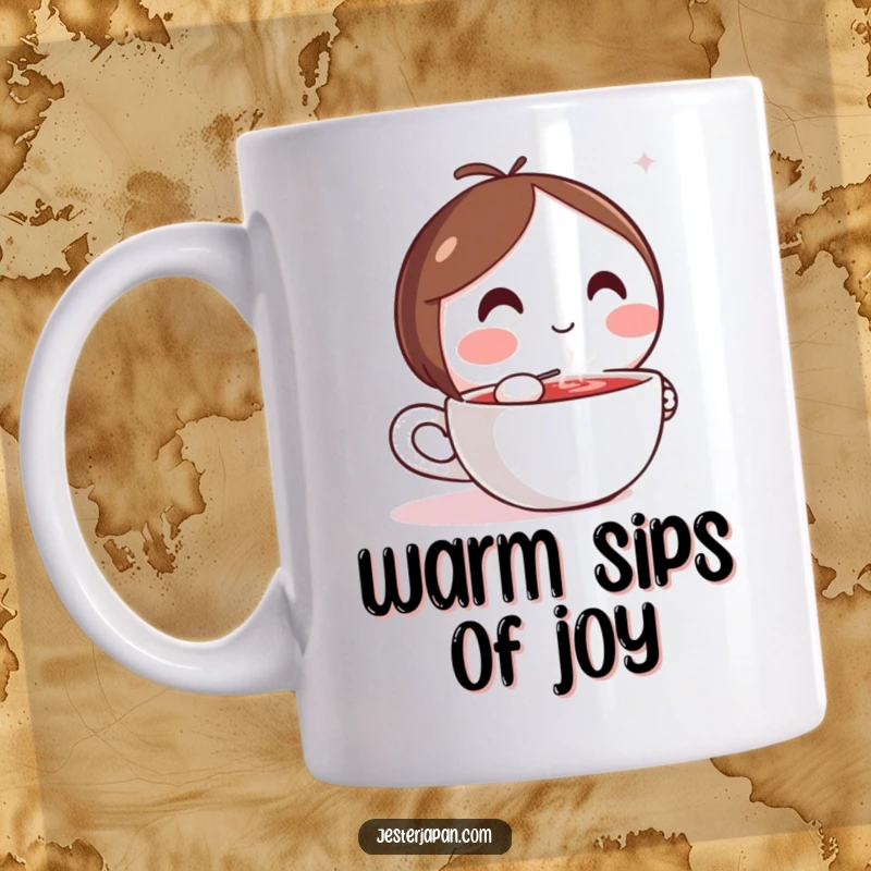 Funny mug featuring a small, round Kawaii character happily sipping from a steaming cup, conveying ultimate relaxation.