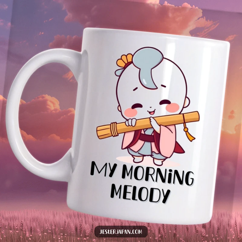 Funny Kawaii mug with a smiling character playing a traditional Japanese flute with a joyful expression.