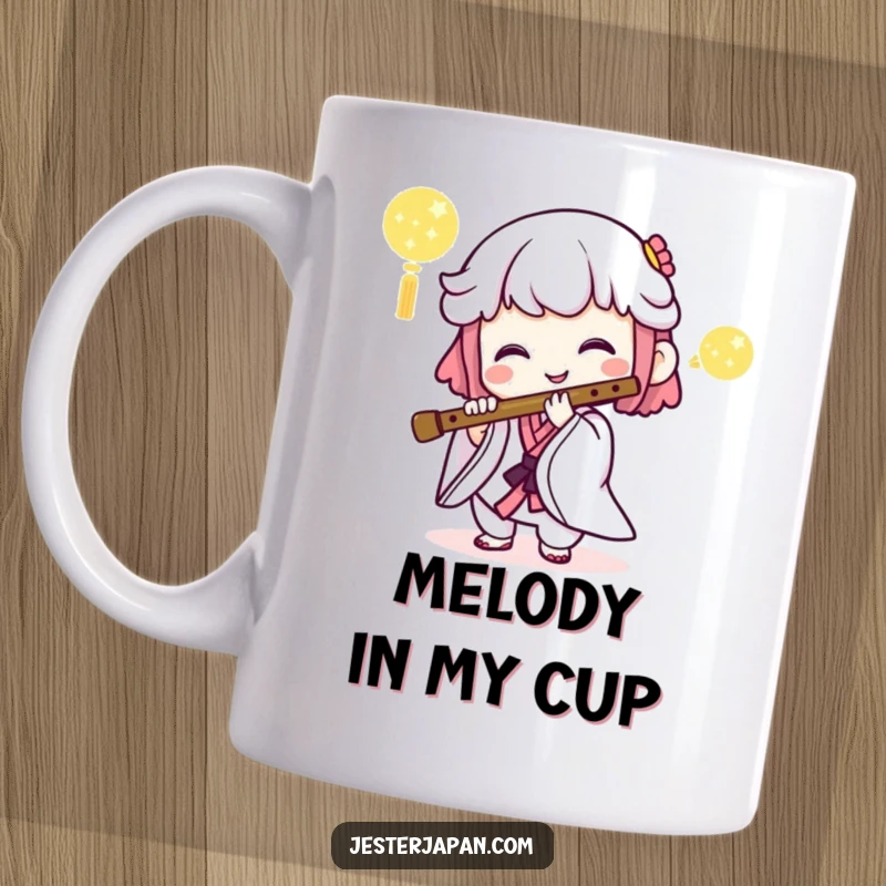 Funny mug featuring a cute Kawaii character joyfully playing a Japanese flute, radiating happiness and musical talent.