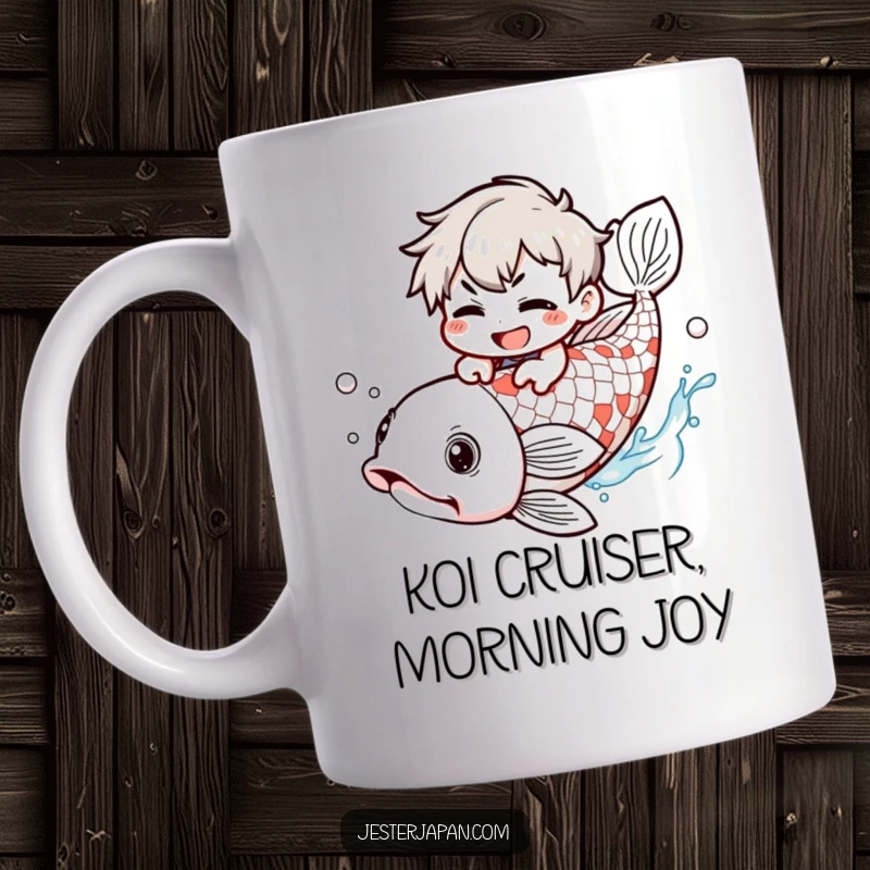 Funny Mug: Kawaii character with a mischievous grin pretending to ride a giant koi fish, bringing playful joy.