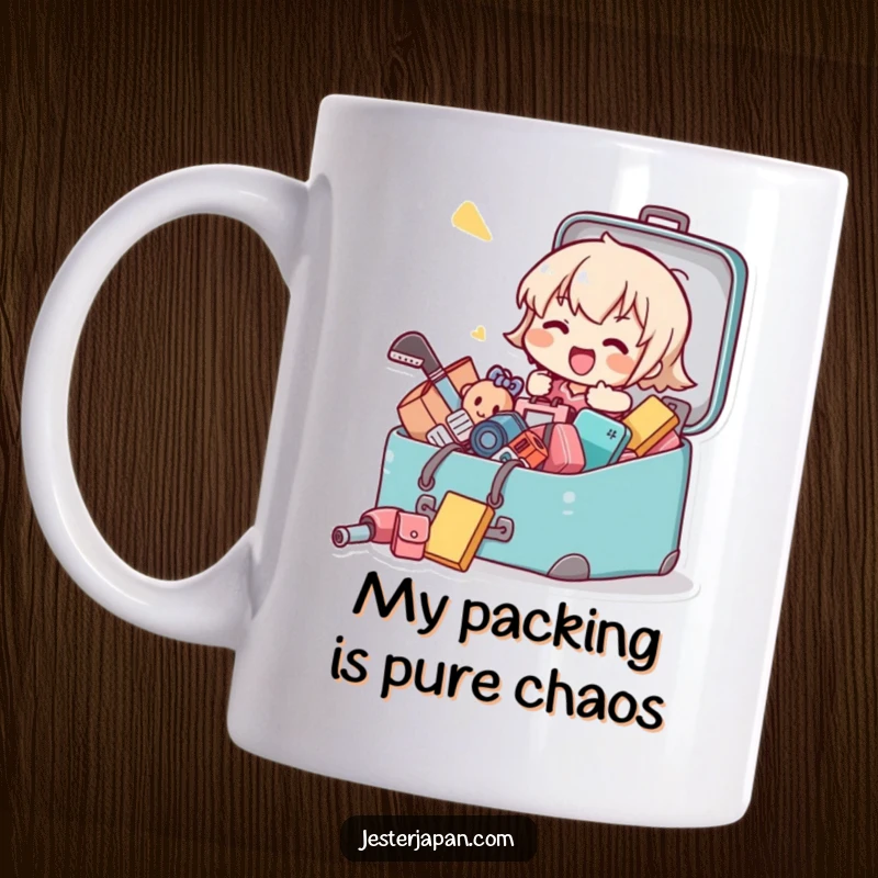 Funny mug showing a Kawaii character spilling items while excitedly packing a suitcase, a humorous representation of travel preparation.