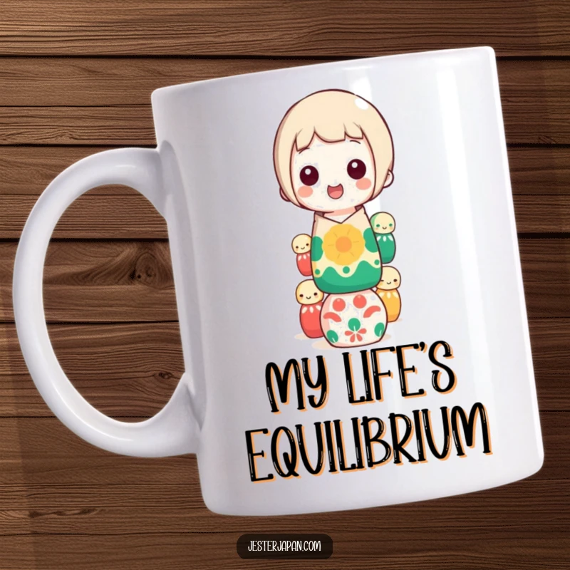 Funny Kokeshi doll balancing mug with a happy character precariously stacking colorful dolls, perfect for a quirky gift.