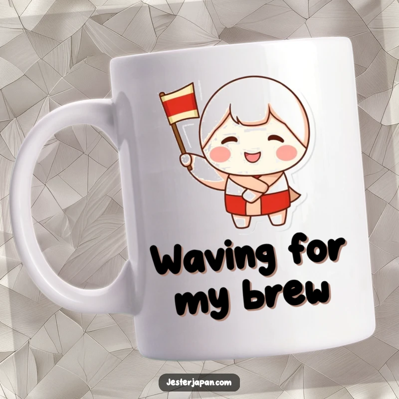 Funny mug featuring a smiling Kokeshi doll character enthusiastically waving a miniature flag, embodying cheerfulness and celebratory vibes.