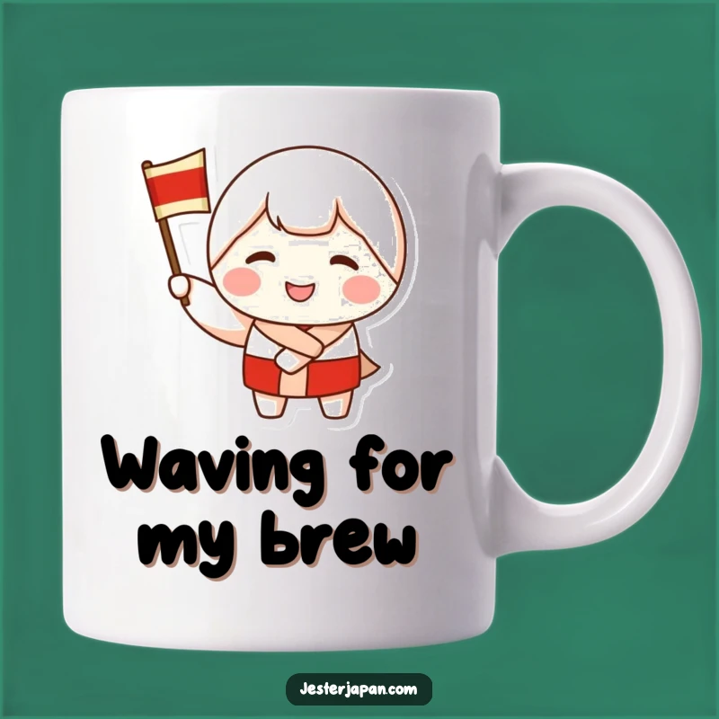 Funny Kokeshi Doll Mug: Smiling Flag Waver for Cheerful Mornings