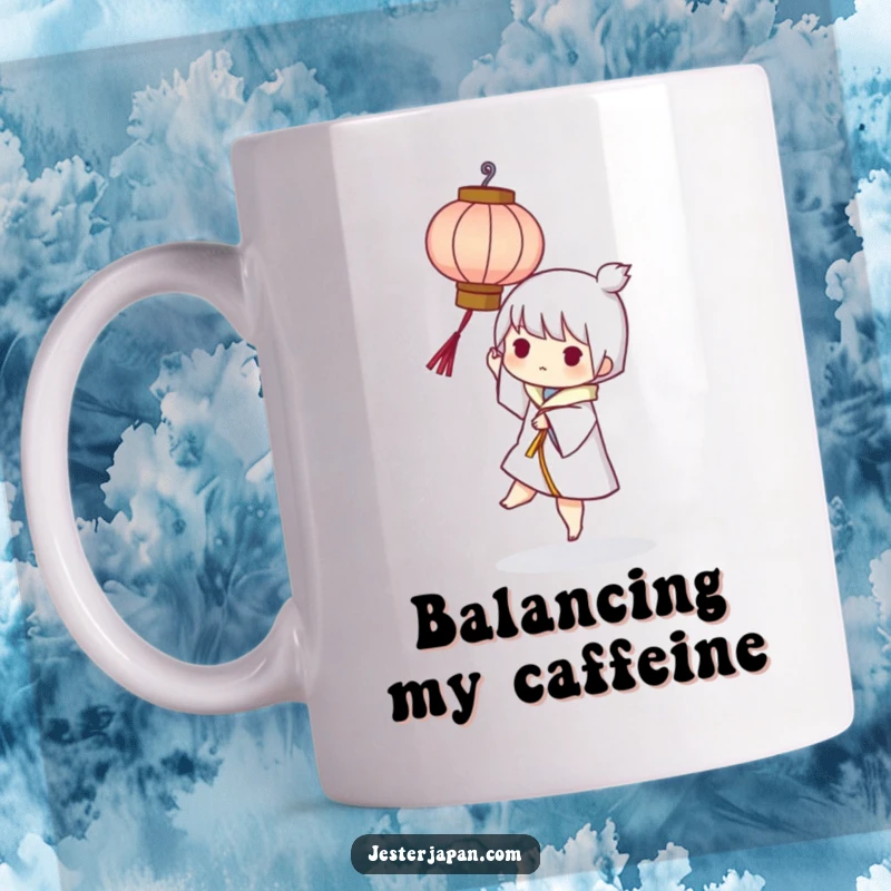 Funny mug featuring a character playfully balancing a small, stylized paper lantern with skill and a cheerful expression.