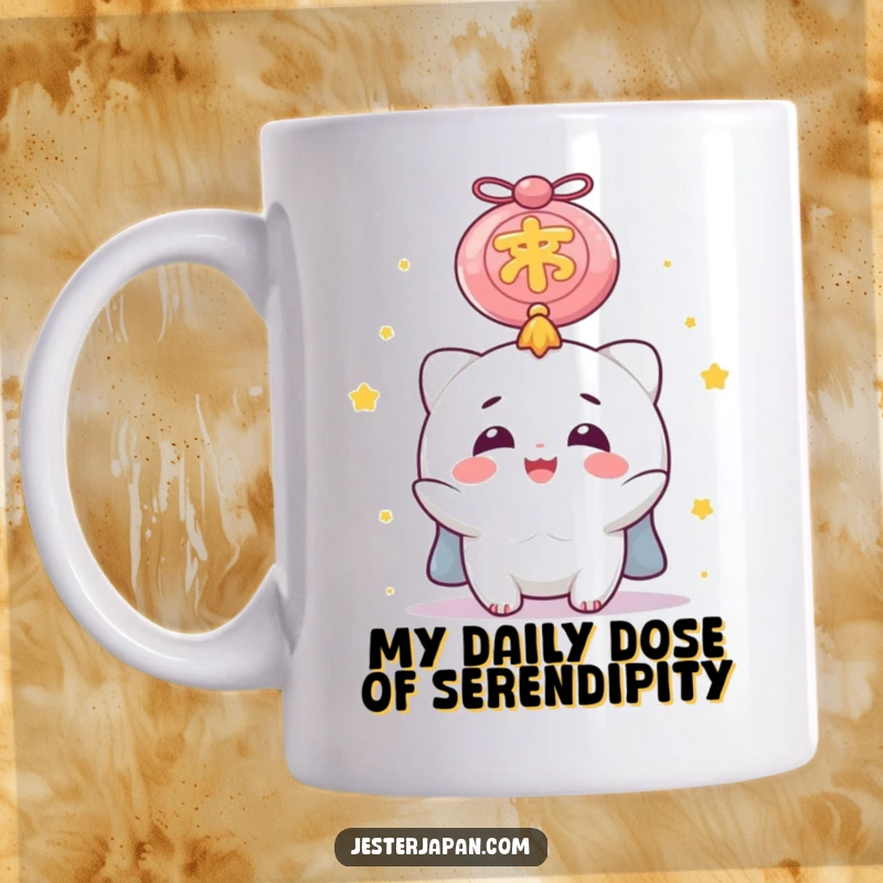 Funny Mug with a delighted character gazing up at a huge, sparkling lucky charm, embodying pure joy and hopeful anticipation for good fortune.