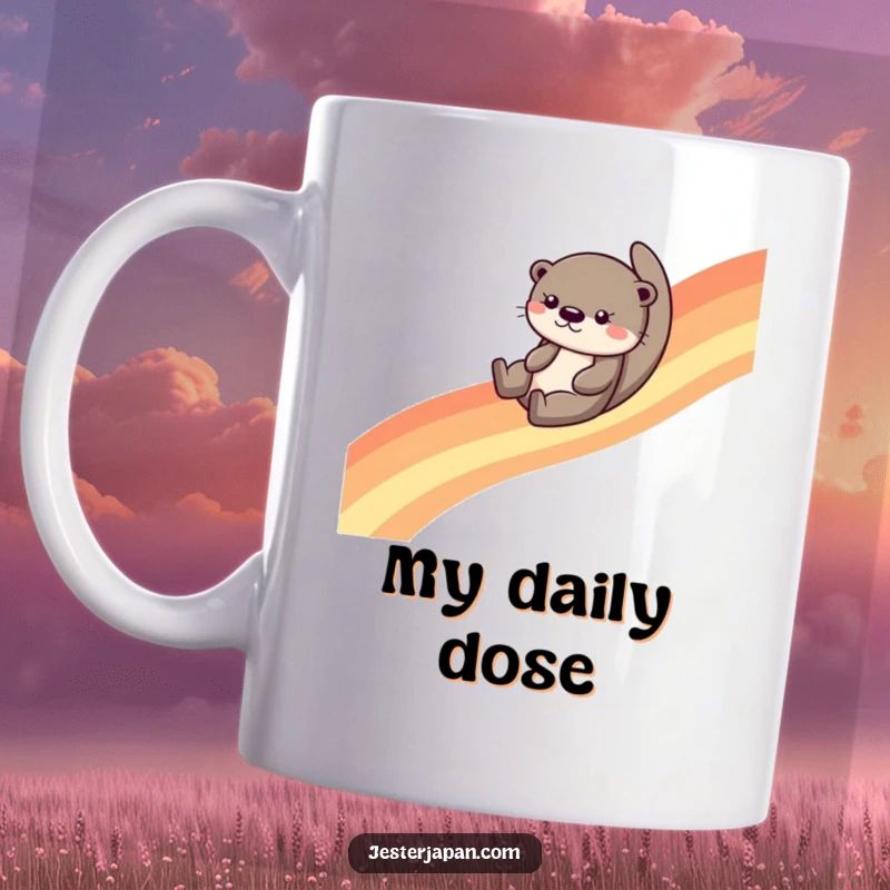 Funny otter character joyfully sliding down a vibrant rainbow on a coffee mug, expressing pure bliss and free-spirited fun.
