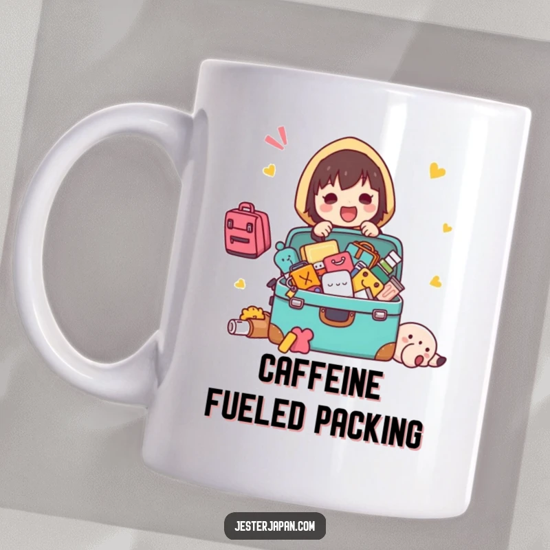 Funny Kawaii character excitedly packing a suitcase with many items spilling out, depicting chaotic travel preparation.