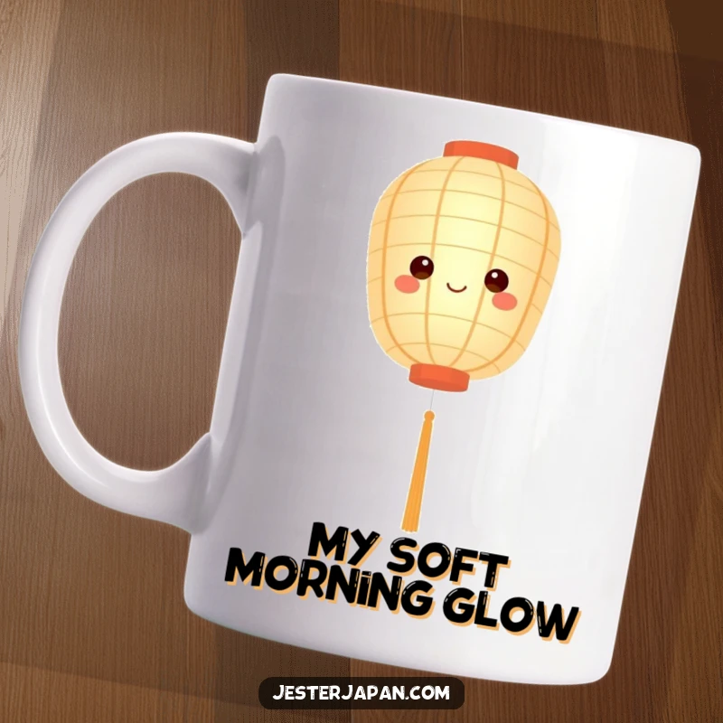 Funny mug featuring a cute paper lantern character floating serenely with a gentle, soft glowing light, radiating peace.